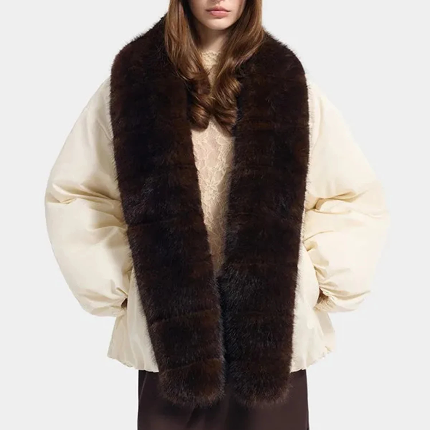 LIMO Women Faux Fur Collar Jacket Belted Waist Puff Sleeve Winter Warm Wrap Coat