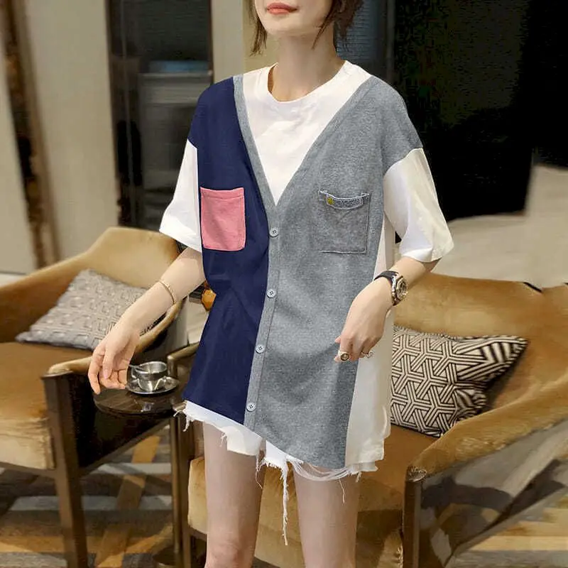 100% Cotton T-shirt Women Fashion Stitching Fake Two-piece Short-sleeved T Shirt Summer 2024 Design Sense Korean Style Top Trend