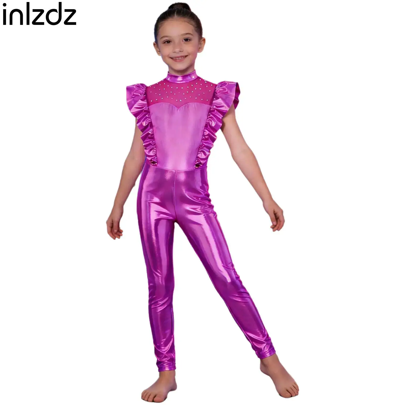 

Girls Metallic Gloss Alien Dress Up Costumes Kids Ruffled Flying Sleeve Jumpsuit Leotard Stage Performance Competition Dancewear
