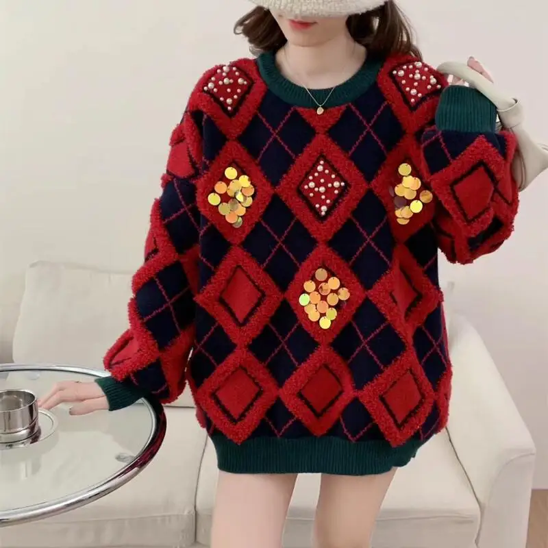 

Newautumn Winterwomen Fashion Versatile Christmas Red Knitted Base Sweater with A Western Style Loose Lazy Retro Knitte Dsweater
