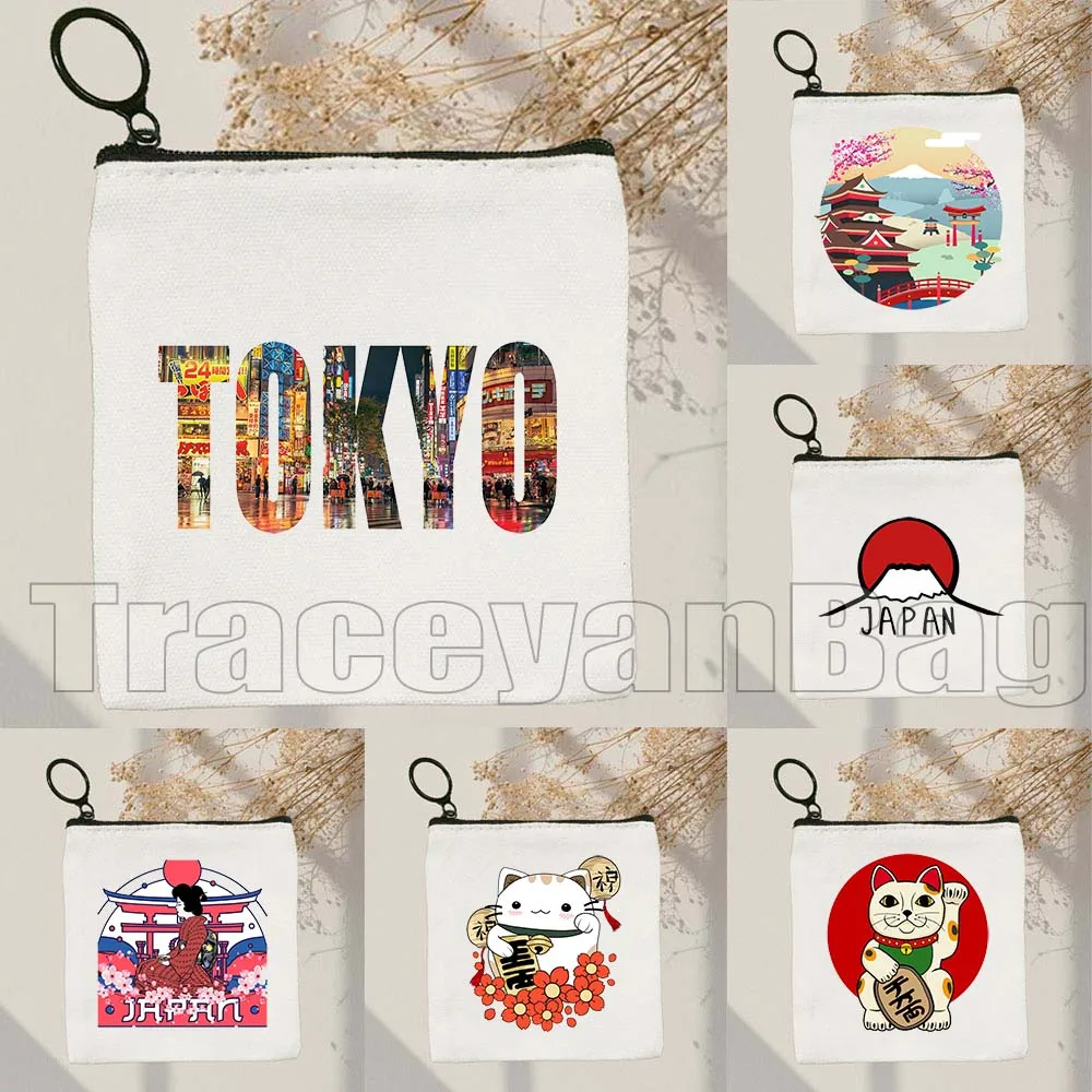 

TOKYO Maneki Neko Cute Japanese Lucky Cat Mount Fuji Janpan Style Print Canvas Coin Purse Key Case Small Bag Wallet Zipper Pouch