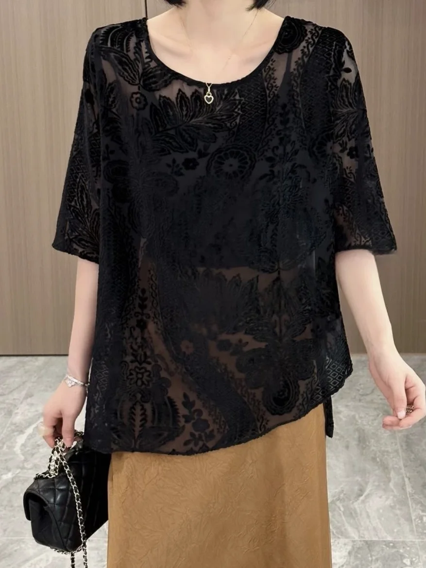 

Ele Large Size Lace Hollow out Ba Cross Design Top Loose Faionable Japanese Sle irt for Women in Summer