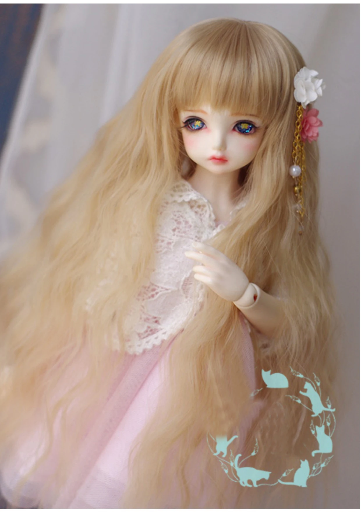 

New 1/3 22-23cm 1/4 18-19cm 1/6 16-17cm 1/8 12.5-14cm weet Cute Flax Gold Long Curly Hair BJD Doll Wig