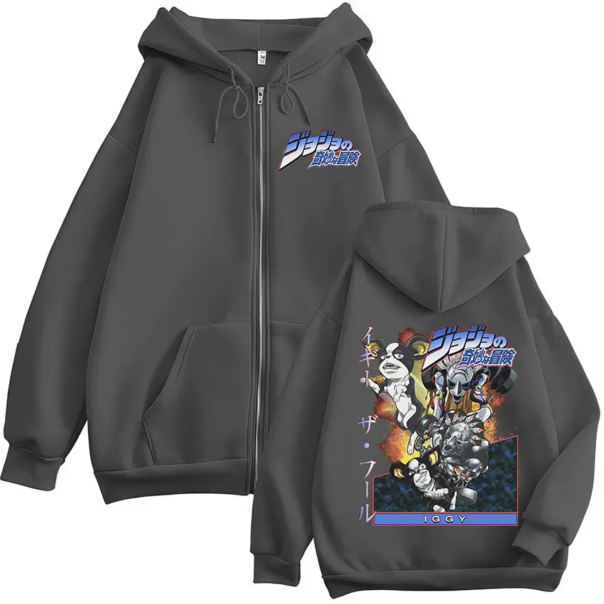 Sudadera con capucha con cremallera para hombre y mujer, ropa de Anime japonés JoJo's Bizarre Adventure Iggy, chaqueta con cremallera de gran tamaño con dibujos animados