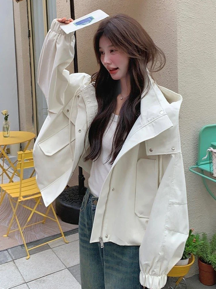 Vintage Sweet Women Cargo Jacket Loose Preppy Style Long Sleeve Hooded Coat Fall Retro Female Korean Casual Solid Simple Tops