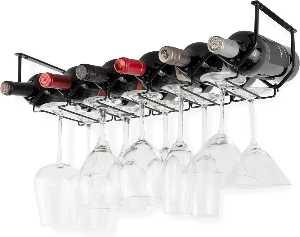 Wallniture Piccola Under Cabinet Wine Rack & Glasses Holder, Kitchen Organization with 6 Bottle Organizer Metal Black