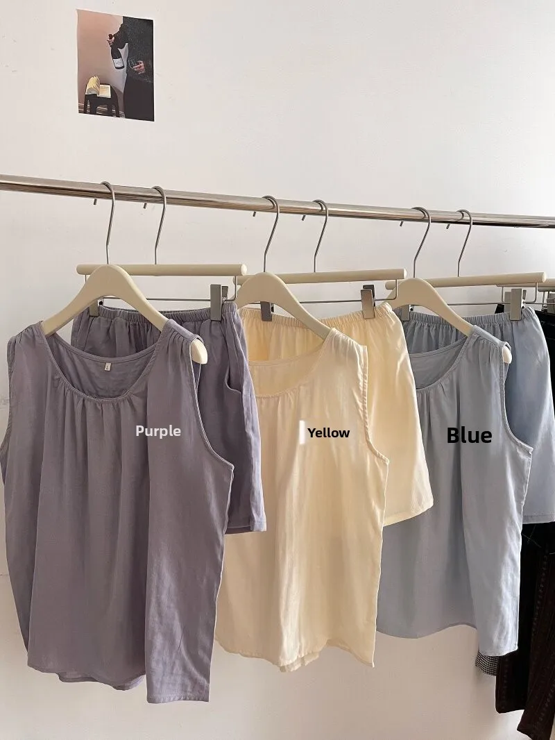 pure-cotton-double-thread-comfortable-skin-friendly-breathable-sleeveless-vest-shorts-pajamas-home-clothes-set-summer-loose-fit