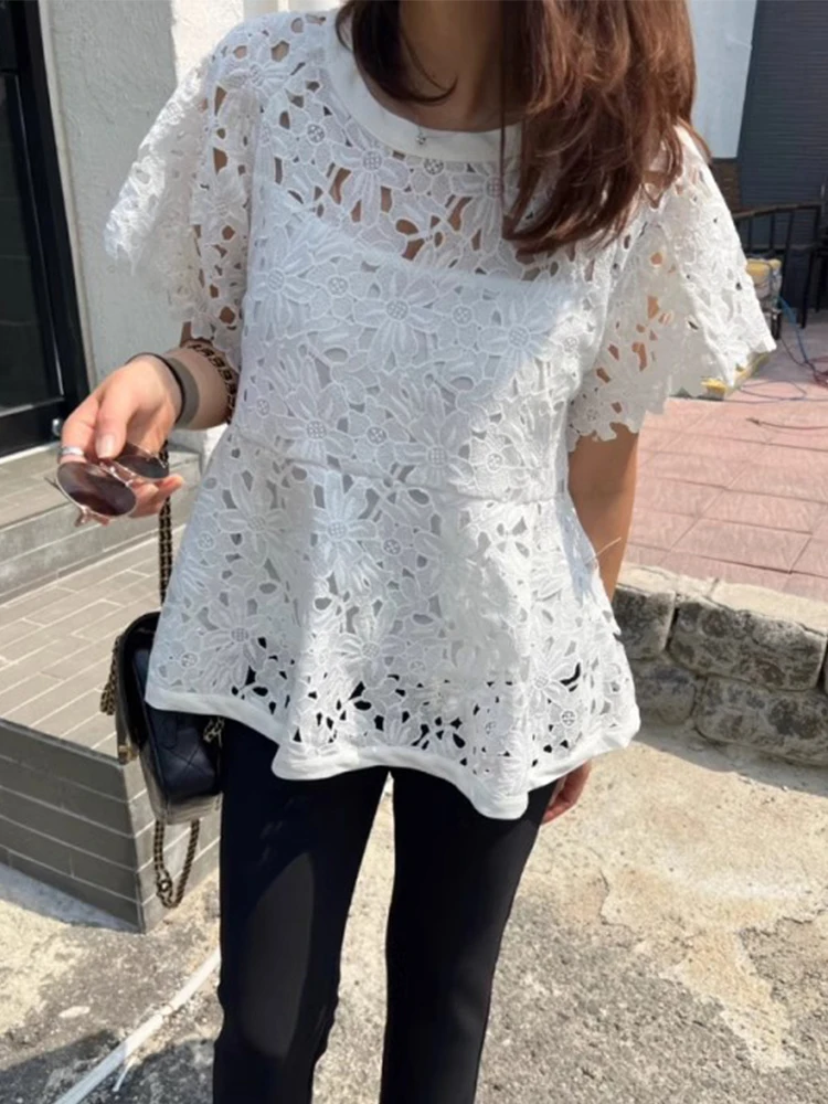 

Sweet Lace irt Women's Summer New Design Hollow out Waist Slimming Top Comfortable Commute Sle ort Sve round Ne