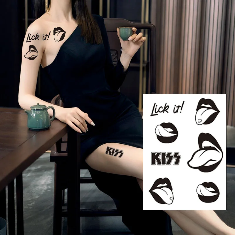 

Sexy pure black female kissing pattern realistic tattoo lips temporary sticker waterproof sweatproof chest and leg tattoos