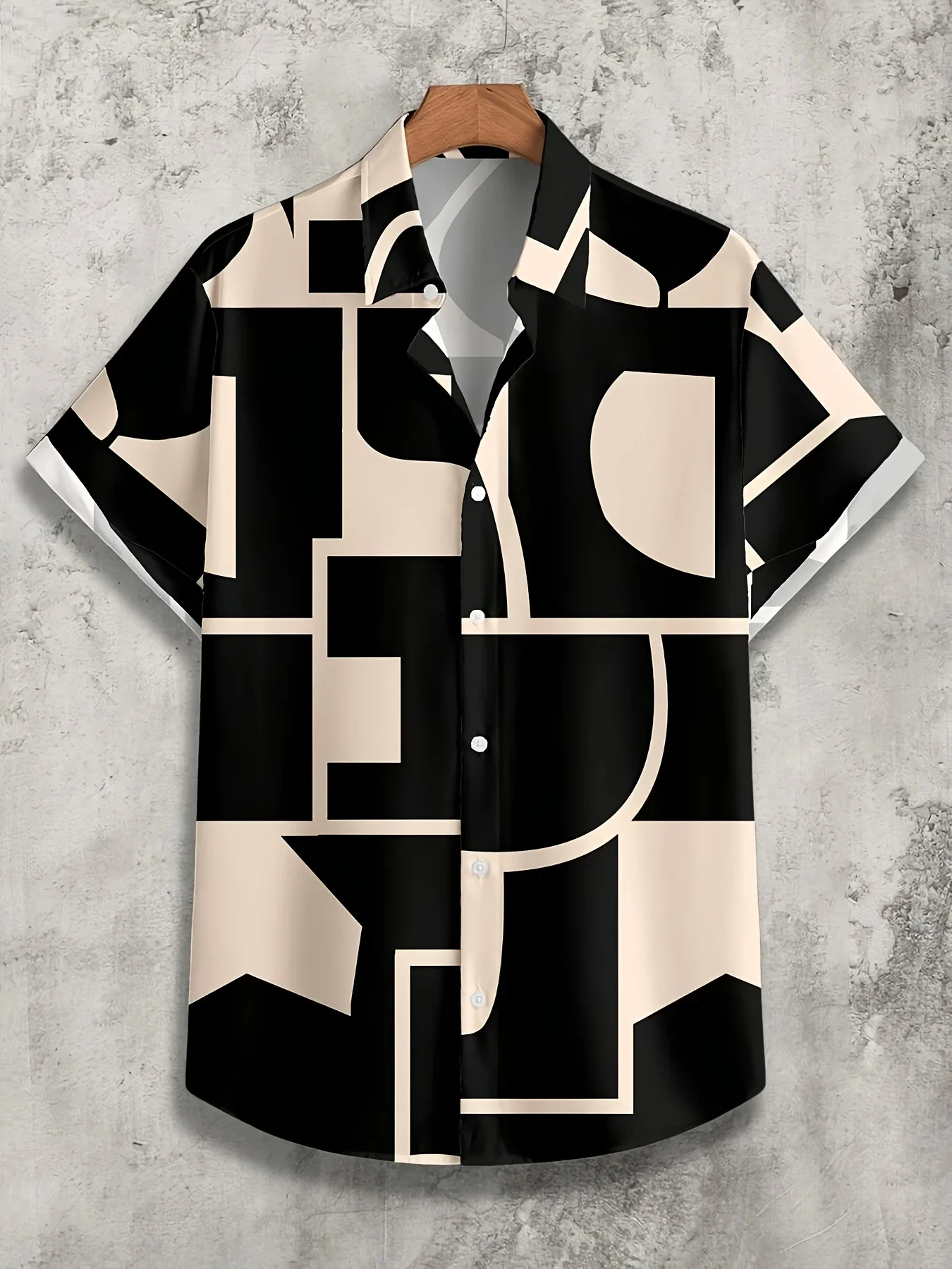Men Hawaii Short Sleeve Shirt Black Beige Geometric Block Print Loose Lightweight Button Down Beach Daily Top