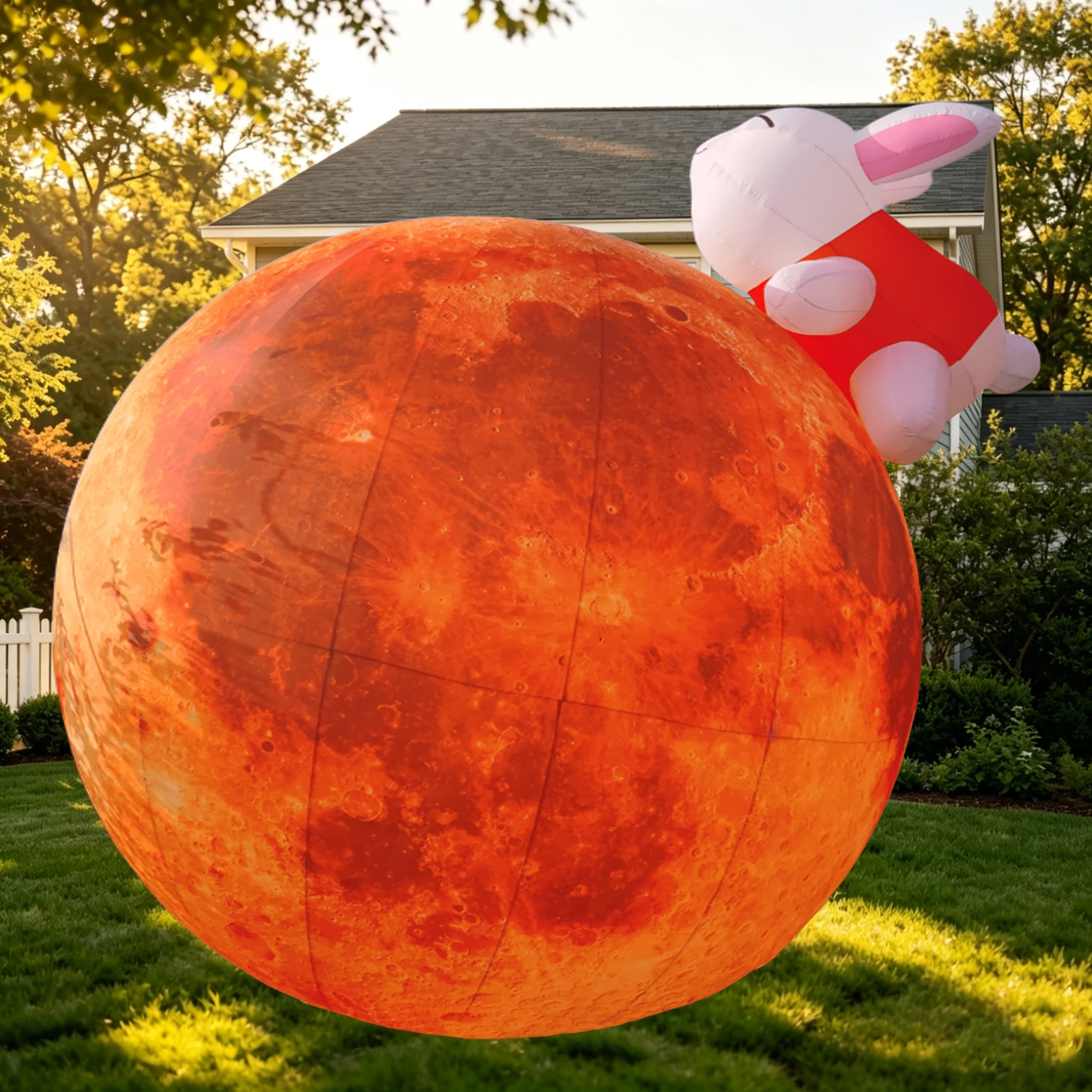 4m Giant Rabbit Hugging Red Moon Inflatable Model, Blow Up Decor for Mid-Autumn Festival, Yard & Party Display