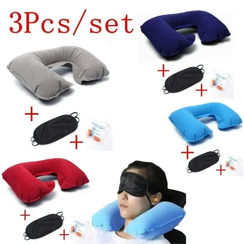 3pcs/Pack Portable Cashmere Soft U-Shaped Inflatable Pillow Travel Soundproof Earplugs Sunshade Eye Mask 3-Piece Set