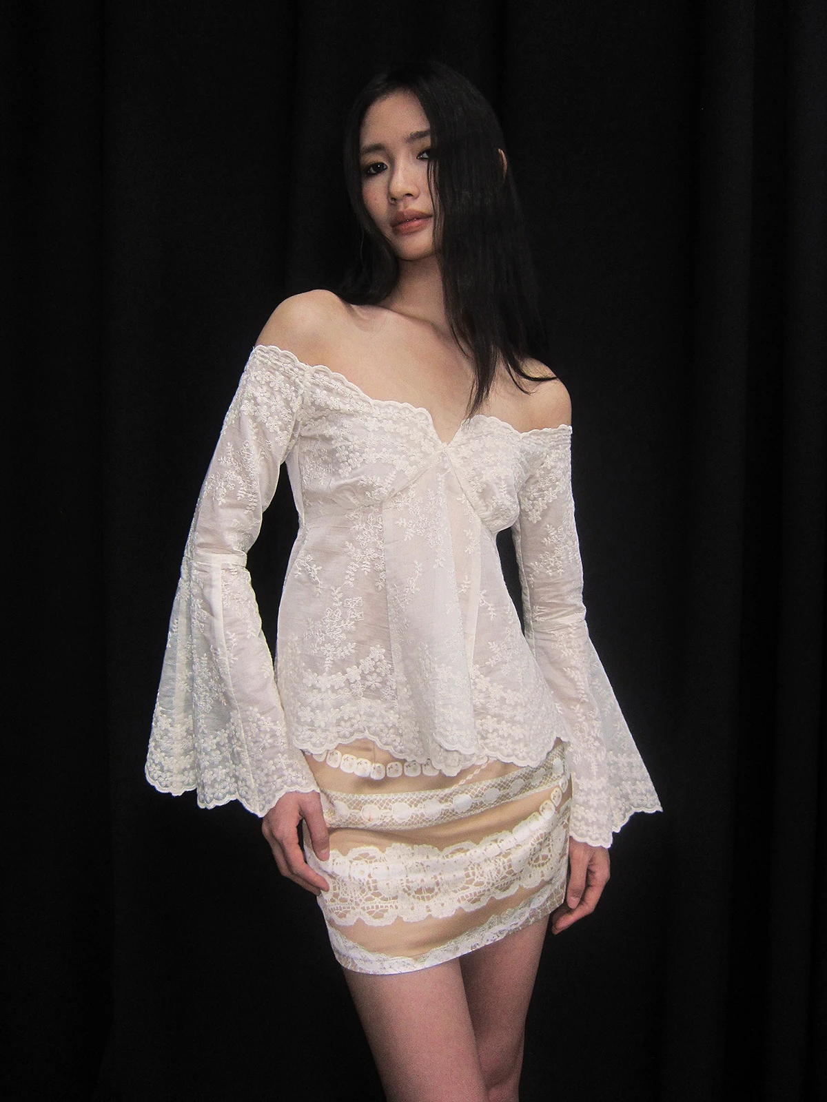 

Новинка Весна-Лето: Топ с кружевной отделкой и вышивкой, на одно плечо, оригинальный дизайн, с длинными рукавами, средней длины.