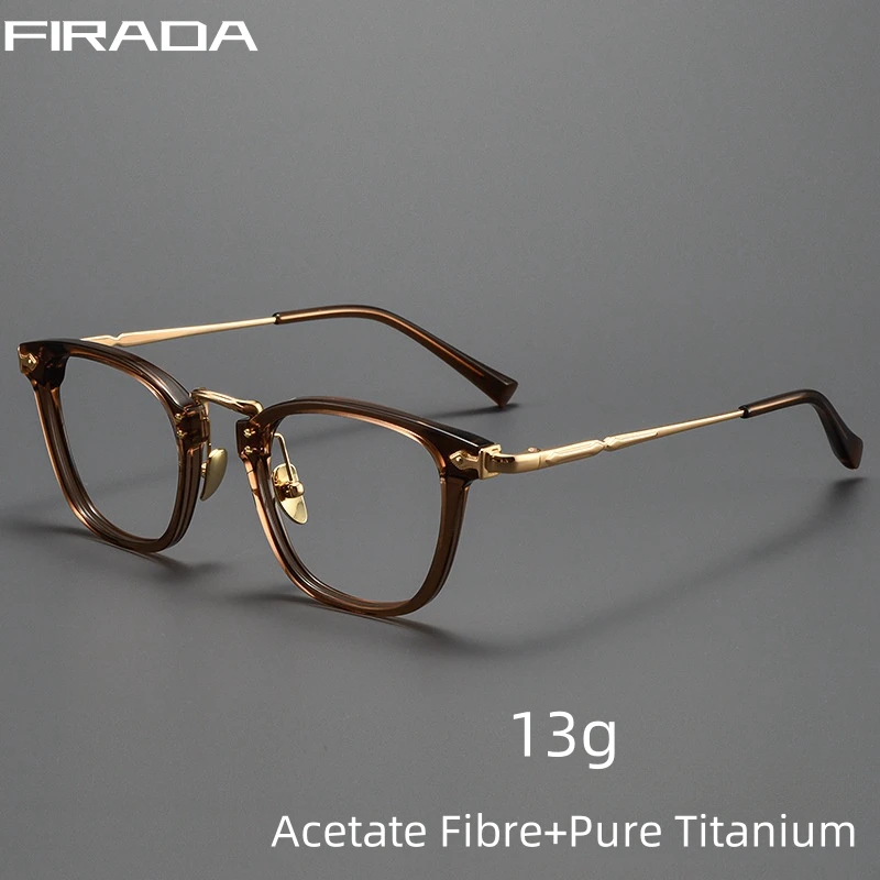 

FIRADA Fashion Glasses Retro Square Pure Titanium Acetate Fiber Eyeglasses Optical Prescription Eyewear Frame For Men BT55005-C
