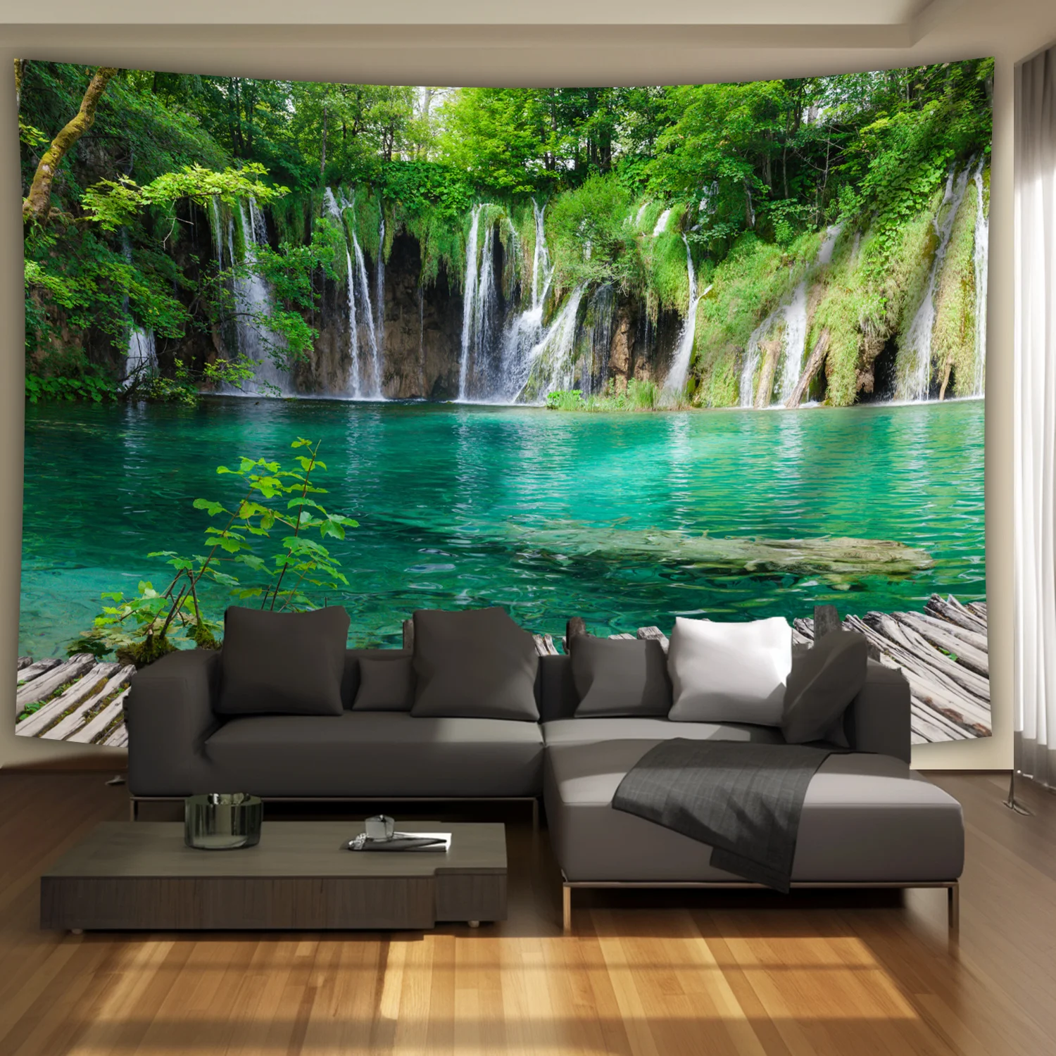 1pc Ultra Large Waterfall Forest Landscape Tapestry - Vibrant HD Digital Print Polyester Wall Hanging, Wrinkle-Resistant