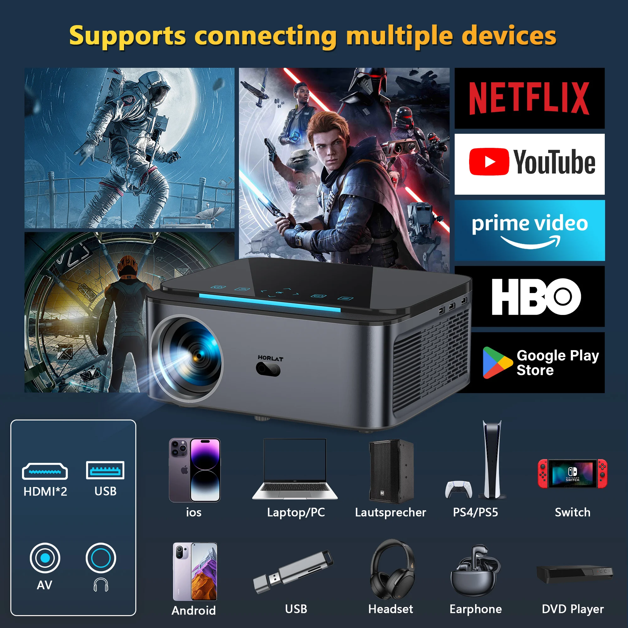 Horlat 25000 lúmens android beamer projetor full hd 1080p 8k vídeo auto keystone home theater 5g wifi portátil tv projetor