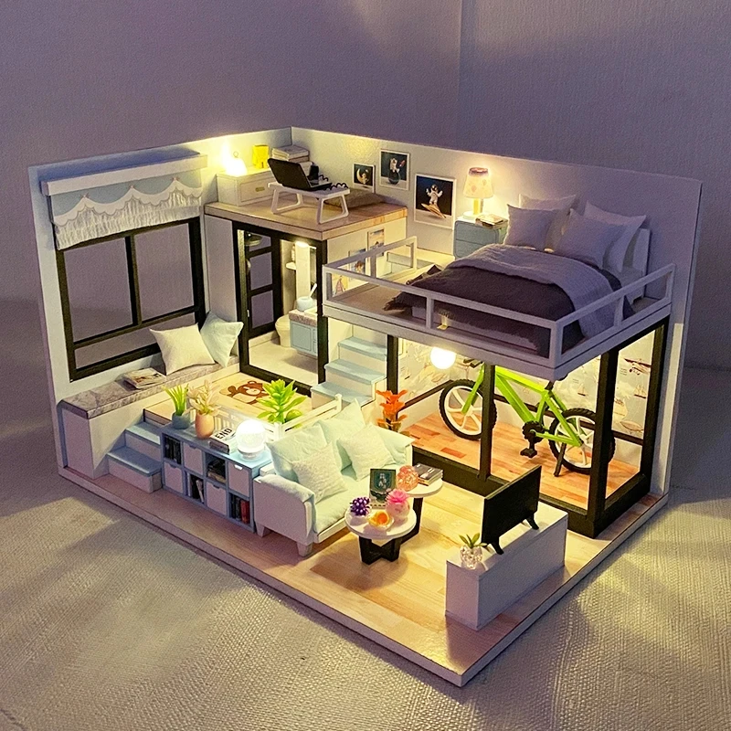 DIY Wooden Casa Doll Houses Miniature Building Kits with Furniture Light Modern Loft Dollhouse Toys for Adults Birthday Gifts