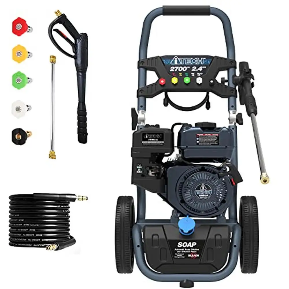 

Gas Powered Pressure Washer 2700 PSI & 2.4 GPM 5 Nozzle Set On-Board Soap Tank With Wheels Tough Steel Frame Construction Easy