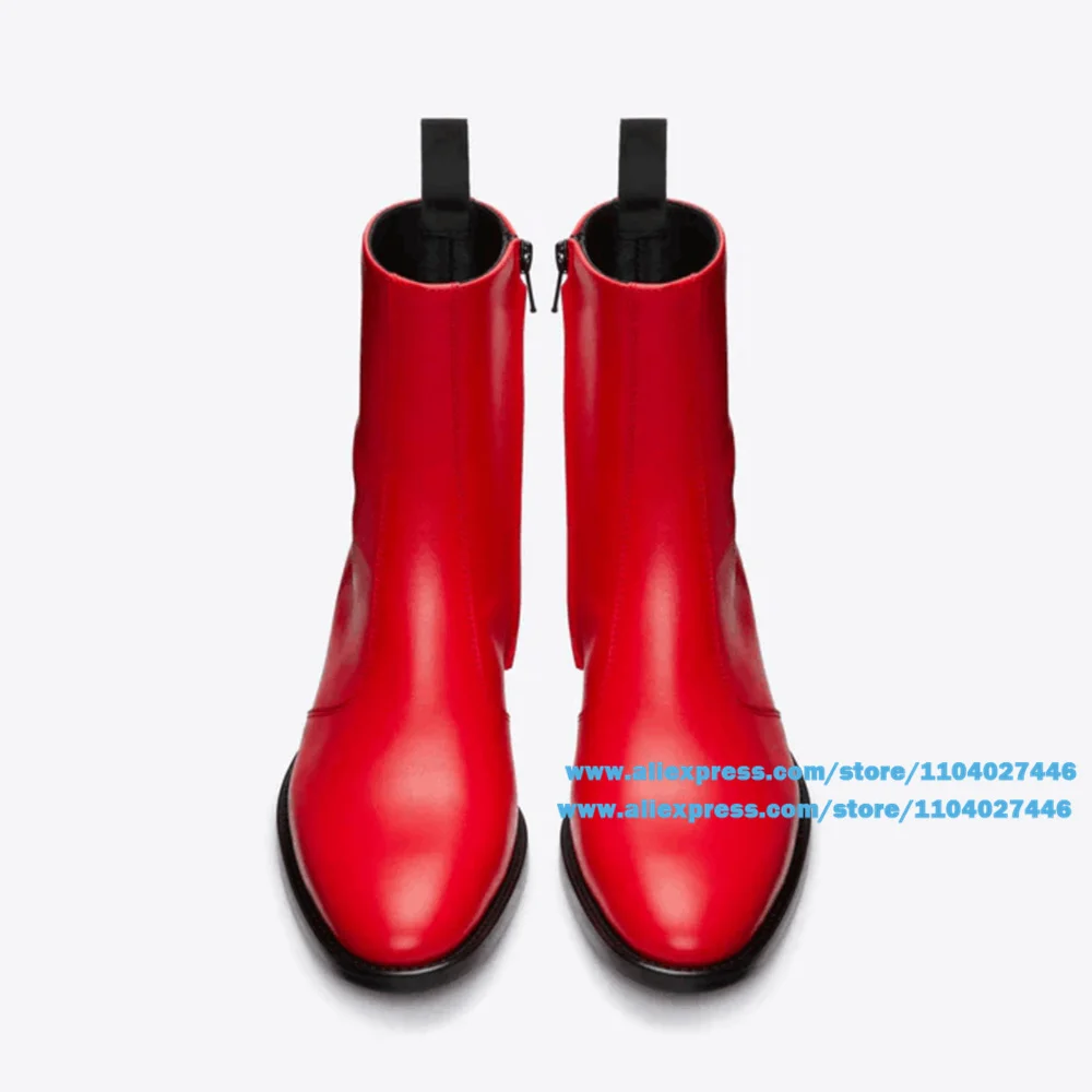 

Red Cowhide Men Boots Luxury Handmade Trendy Fashion New Style Personalized Pointed Toe Side Zipper Trend Botas Men Shoes