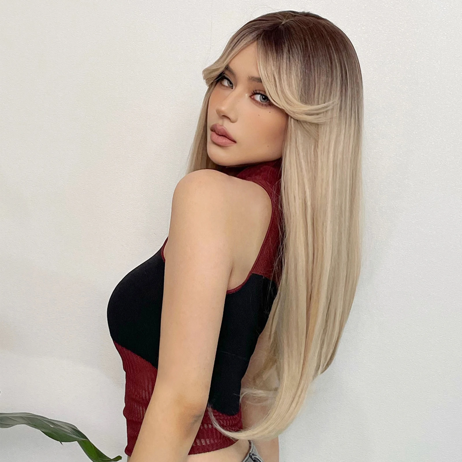 Brown Blonde Ombre Synthetic Wigs Long Straight Cosplay Party Wig with Bangs High Temperature Natural Fake Hair for Women