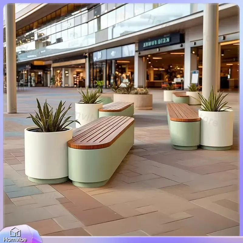 Outdoor Wrought Iron Flower Box Bench Integrated Planter Seat Commercial Street Garden Furniture Square Rest Stool Combo