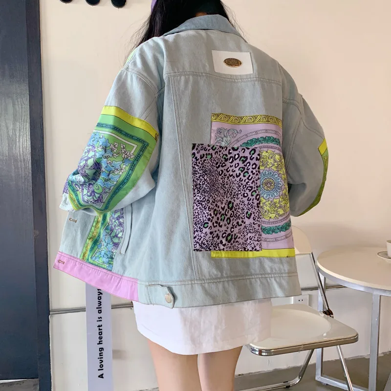 Print gesplitste denim jassen damesjas enkele rij knopen jas met lange mouwen kraagvorm bovenkleding zakken high street