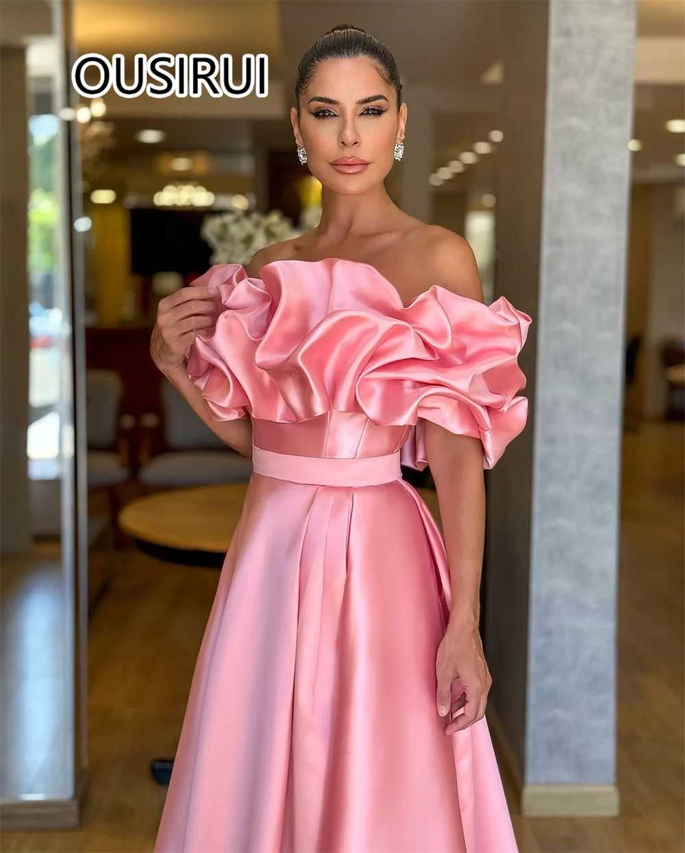 Custom Made Glamorous Boat Collar Satin Evening Arab Gown with Ruffles Backless A-line Court Evening Bridal Dress