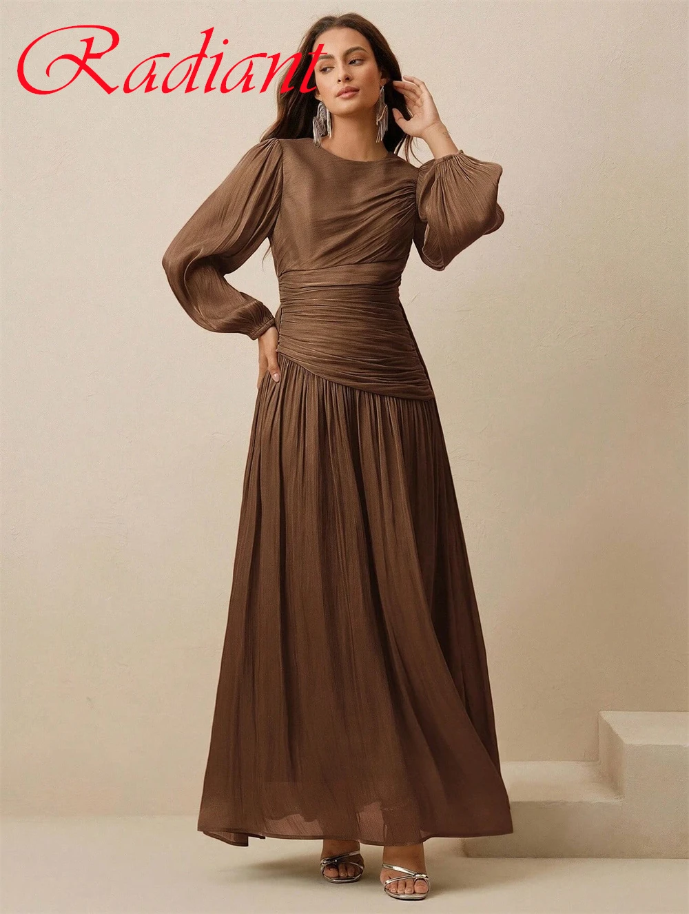 Personalizado delicado marrom chiffon vestido de noite temperamento tripulação pescoço mangas compridas zíper voltar vestidos de ocasião especial