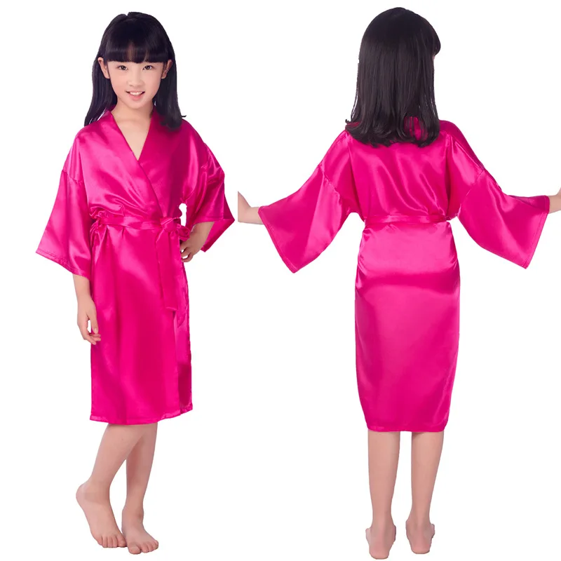 Wholesale Girl\'s Kid\'s Silky Satin Solid Color Kimono Robe for Wedding Birthday Party Spa Girl Bath Robes D59