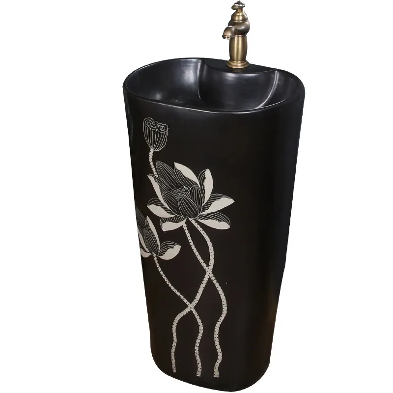 Black column wash basin, integrated floor-to-ceiling household bathroom ceramic wash basin, Chinese outdoor water basin