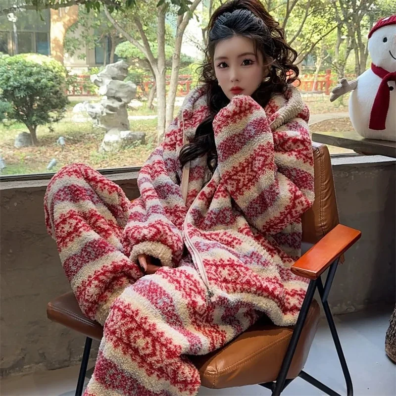 Women Fashion Pocket Set Winter Ladies Thickened Coral Fleece Sleepwear Home Suit Korean Female Hooded Long Sleeves Polka 2PCS