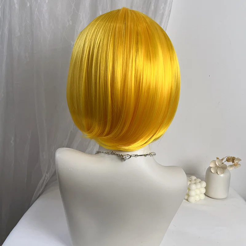 Image 4: Perruque courte pour femme, style bob jaune citron, perruque synthétique droite fabriquée à la machine pour cosplay d'Halloween