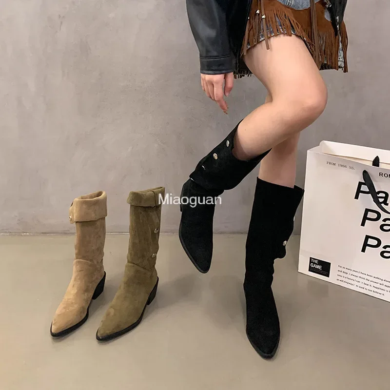 Winter 2024 Faux Suede Leather Black Plus Size Office Lady Women‘s Cowboy Knight Boots Autumn Knee High Long Thick High-heeled