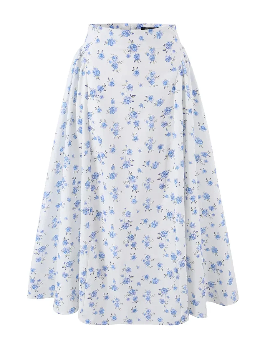 

Fashionable High Waist A-Line Midi Skirt Women's Holiday Style Floral Print Maxi Skirt Polyester Fiber with
