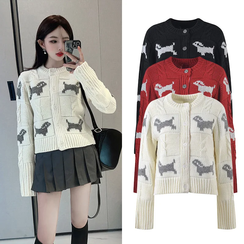 

Korean Sweet Dog Pattern Knitted Sweater Jaet Women's Long Sve Soft Lazy Sle Outerwear Cardigan Top for Autumn Season