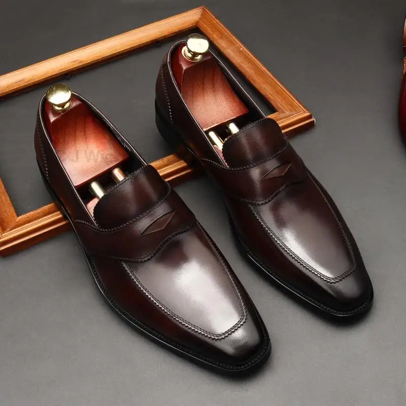 HKDQ Autumn Handmade Genuine Cow Leather Black/Red Slip-On Dress Italian Wedding Men Formal Business Work Office Oxford Shoe