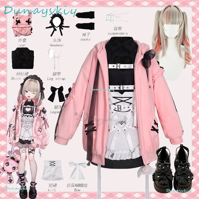 

Virtual idol Full Set VTuber Makaino Ririmu Cosplay Costume Cute Pink Coat Maid Dress For Halloween Cosplay Wig Suit Accessories