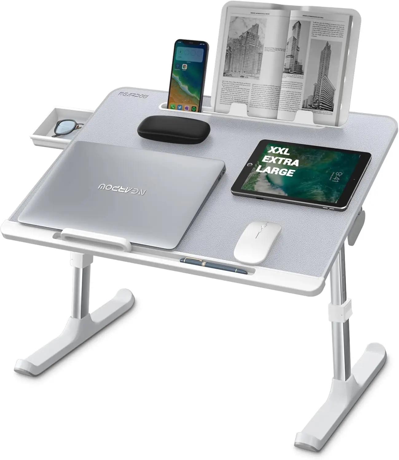 

Adjustable Laptop Bed Table with Anti-Slip Leather, Drawer, and Removable Stopper - Gray