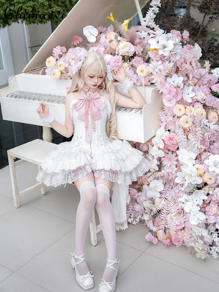 Ballett Sommer Damen Elegantes Cla JSK Hosenträgerkleid Prinzessin Süße Mädchen Große Satin Schleife Band Schlankes Fishbone Spitzenkleid Lolita