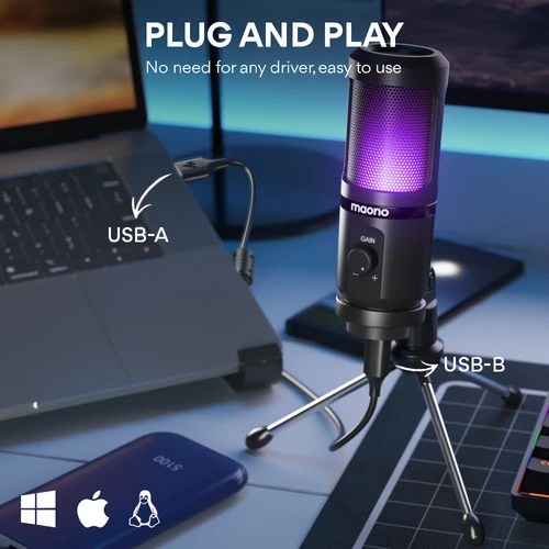 MAONO-micrófono USB para videojuegos, condensador de escritorio, Podcast, grabación, Streaming, con luz de respiración, PM461TR, RGB