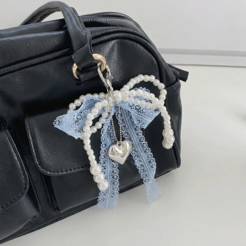 Einfacher Schleifenanhänger aus Legierung, Spitze, Kunststoffperle, Schlüsselanhänger, weiße geflochtene Kette, hängender Schlüsselring, Auto – Detail 11