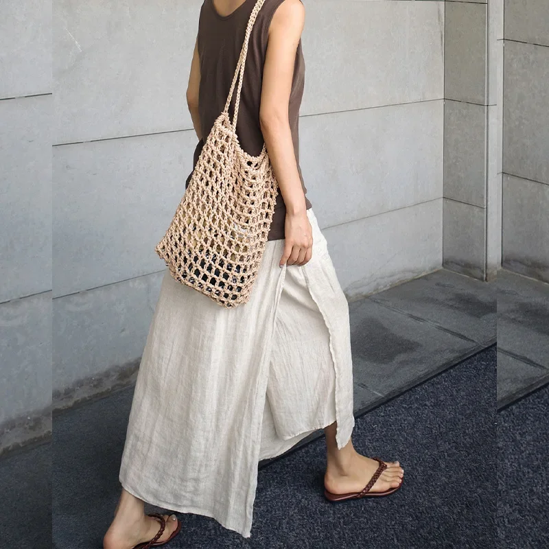 Vintage Women\'s Summer Pants 100% Linen Wide Leg Pant Skirt Pocket Elastic High Waist Loose Casual Loose Trousers Female Bottom