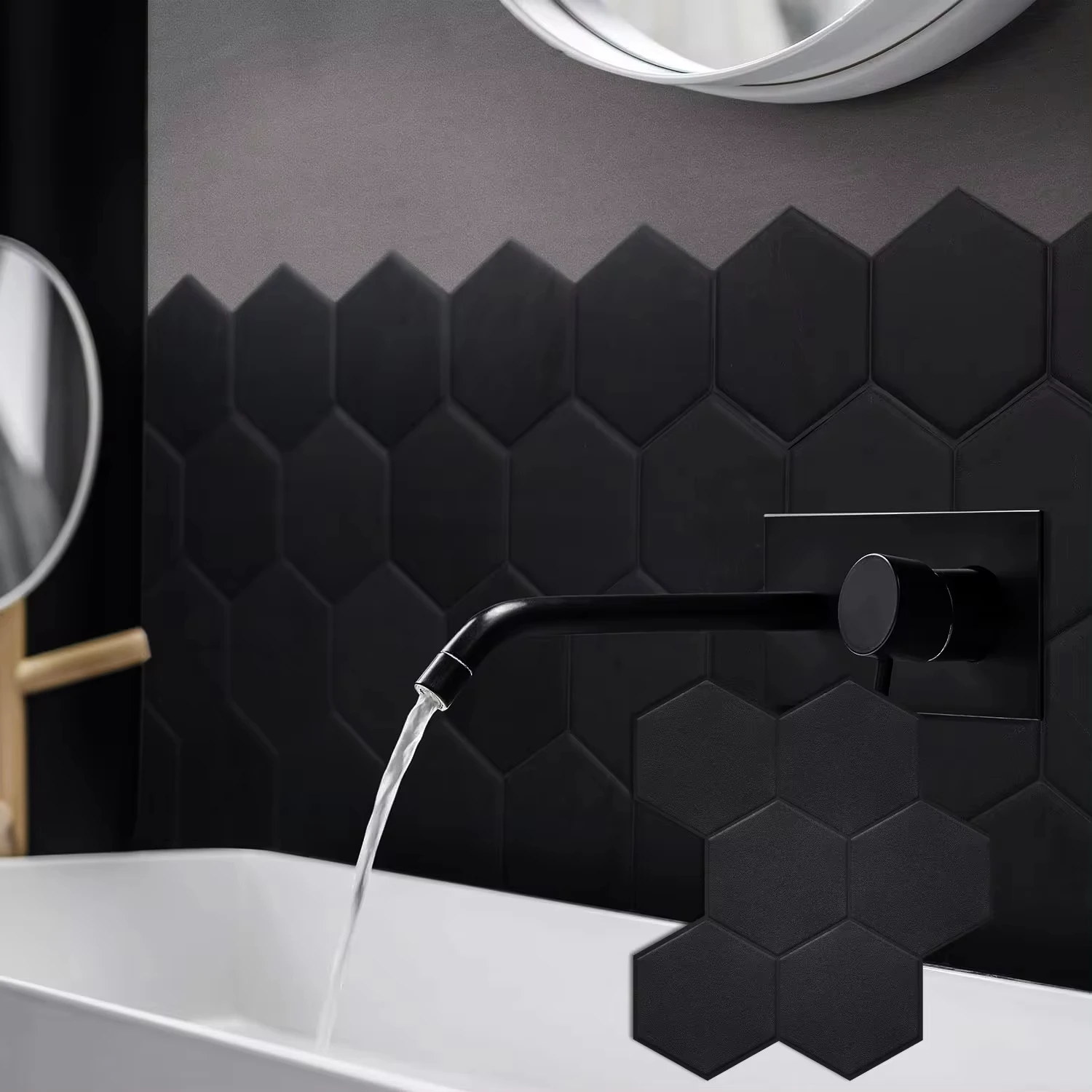 Matte Black Large Hexagonal Wallpaper, Peel and Stick, Waterproof, Oil-proof Vinyl, Home Decor, Credence Cuisine Mur, 5 Pcs, 12P