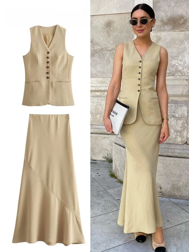 ASDS Women Vest Skirt Sets Female Khaki Long Blazer Vest V Neck Sleeveless Slim Top+Elegant High Waist A Line Skirt Suit