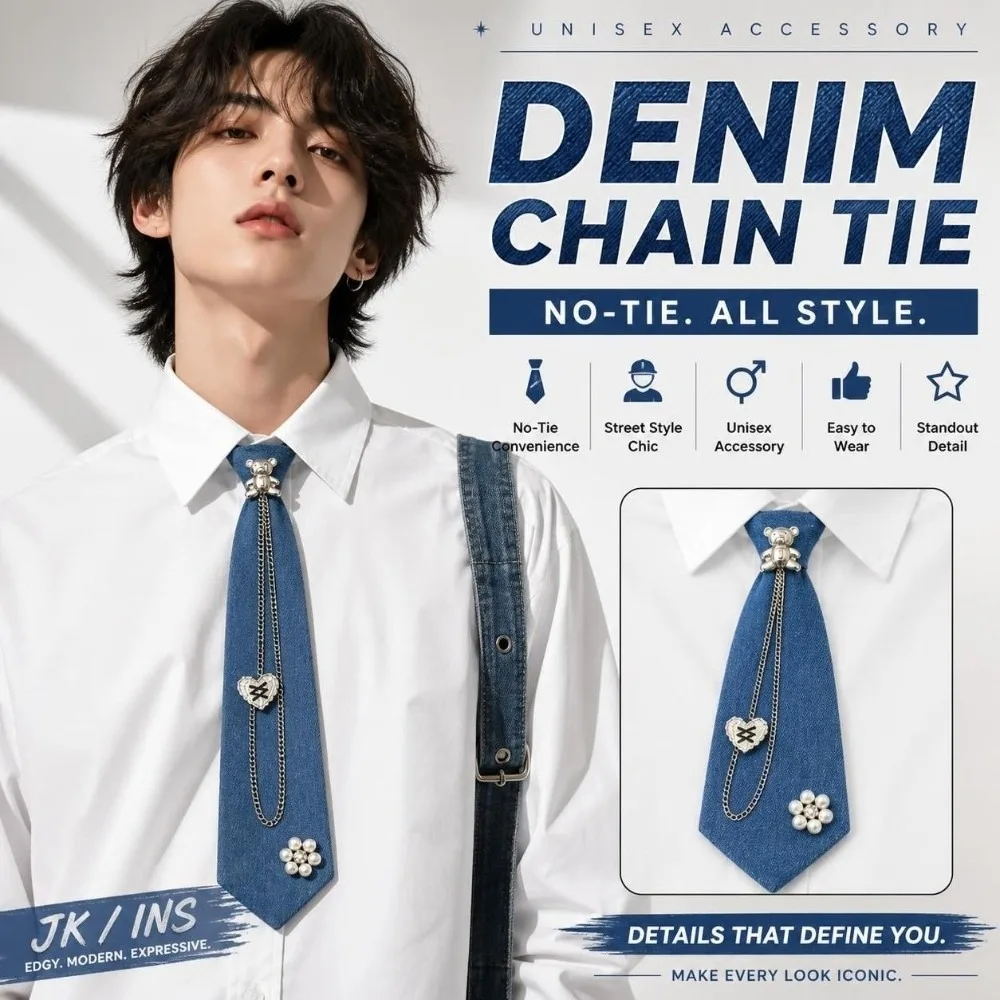 Cowboy Style Denim Pre Tied Necktie with Tassel Adjustable Costume JK Tie‌ Elastic Strap Beaded Denim Chain Necktie Women Men