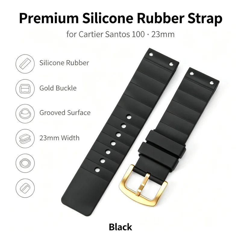 23mm Premium Silicone Rubber Strap for Cartier Santos 100 Black Gold Buckle Grooved Pin Buckle Men Women Replacement Watch Band