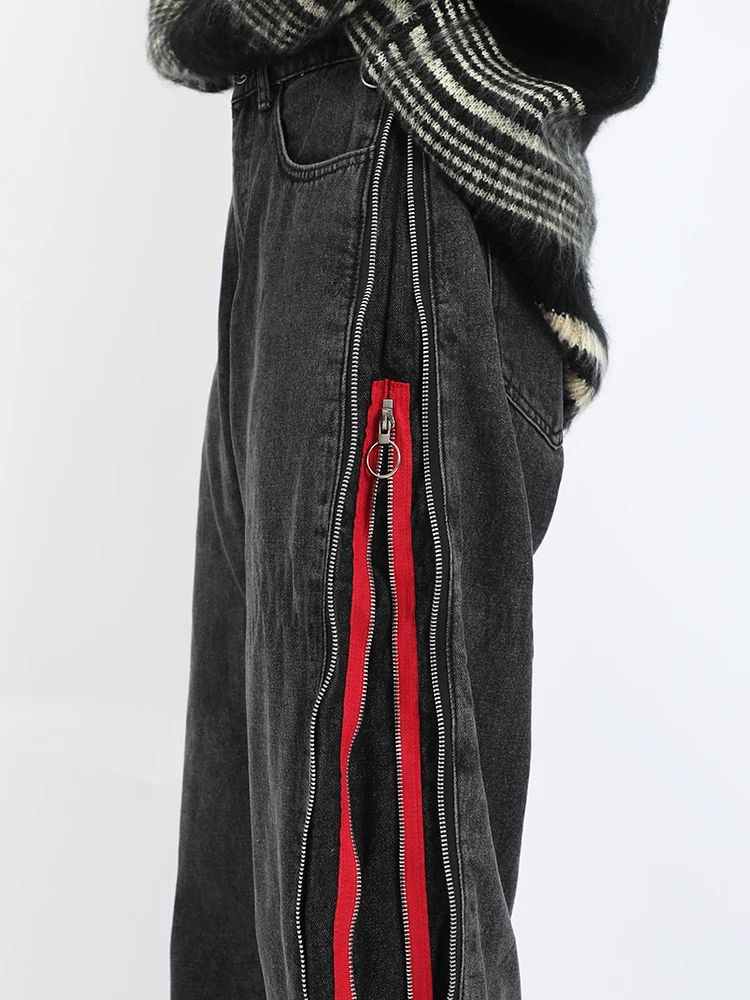 Autunno moda americano nero rosso doppia cerniera lavato vecchi Jeans larghi Design femminile Hip-hop Jeans a gamba larga pantaloni Cargo da donna