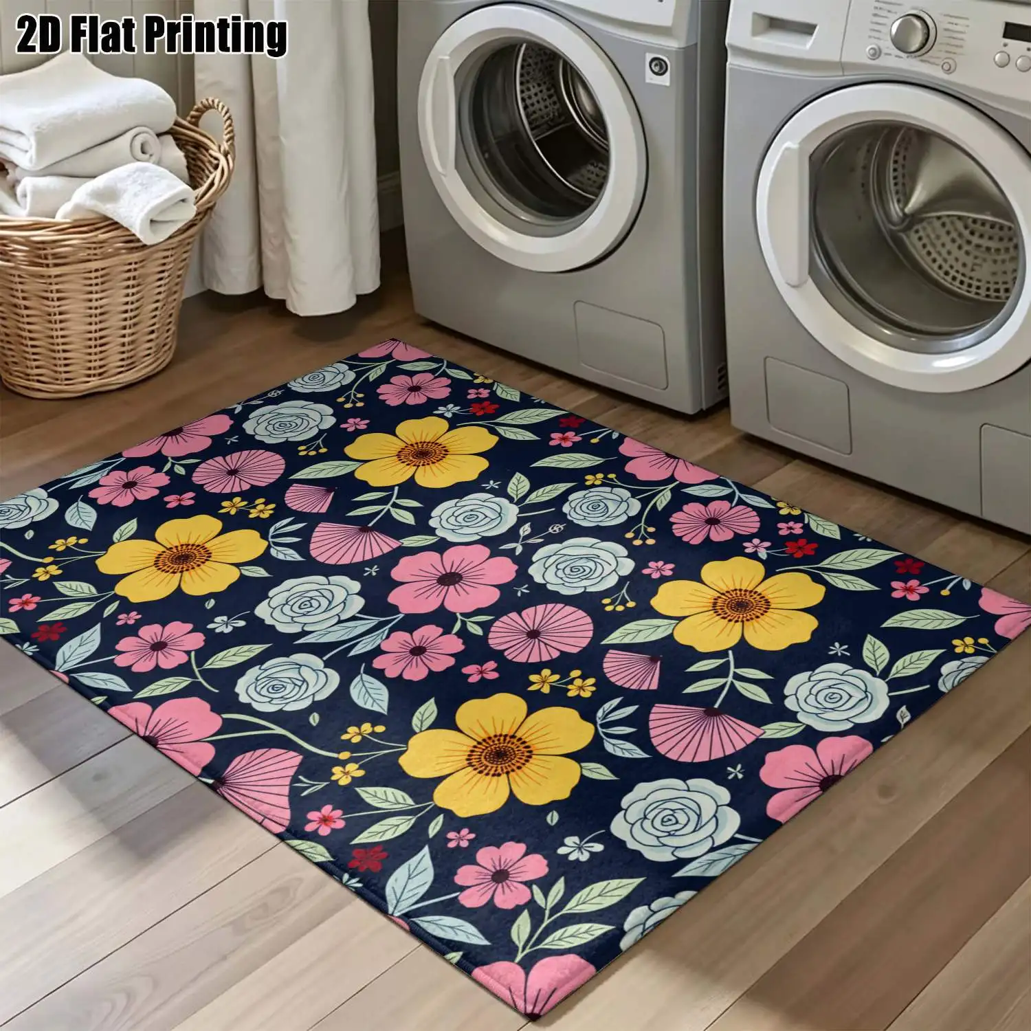 1Pc 2D Printed Nordic Floral Carpet, Pink-Yellow & Light Blue, Machine-Washable Multi-Size Mat for Home Decor, Multiple Scenes