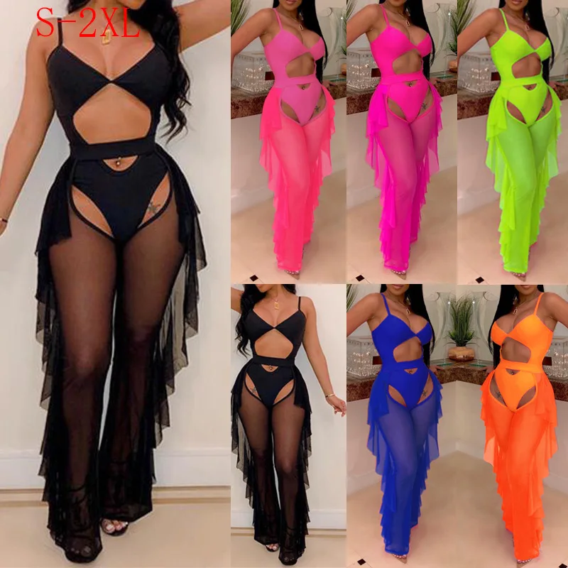 Women Beading Pearl See Through Sheer Mesh 2 Pieces Outfits Jumpsuits Crop Top and Hollow Out Ruffle Long Pants