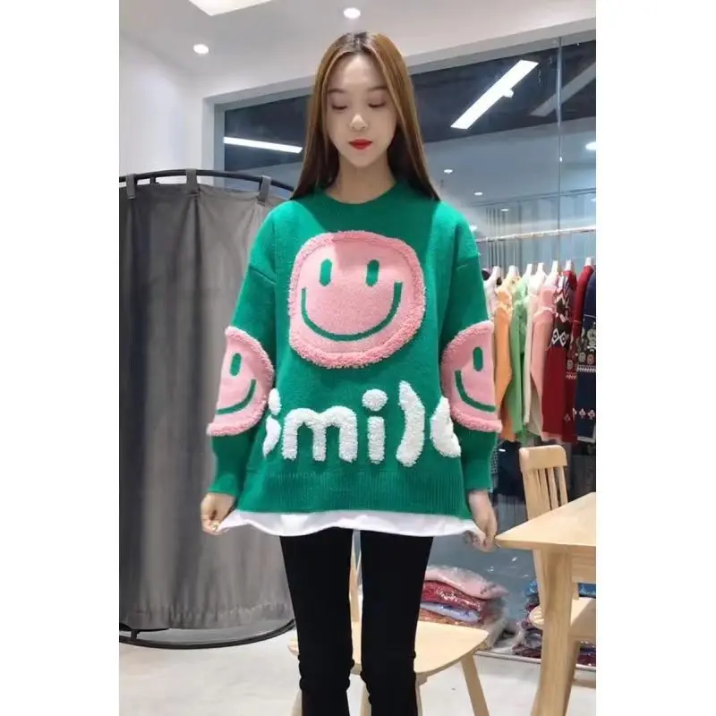 New smiley face sweater, round neck, loose fitting, fake, two popular items, western-style French lazy style hoodie trend